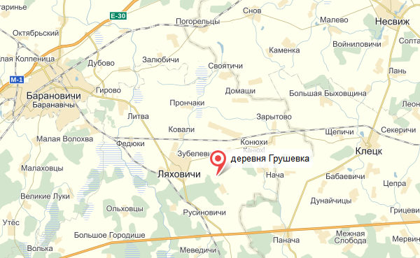 деревня Грушевка в Ляховичском районе на карте Беларуси